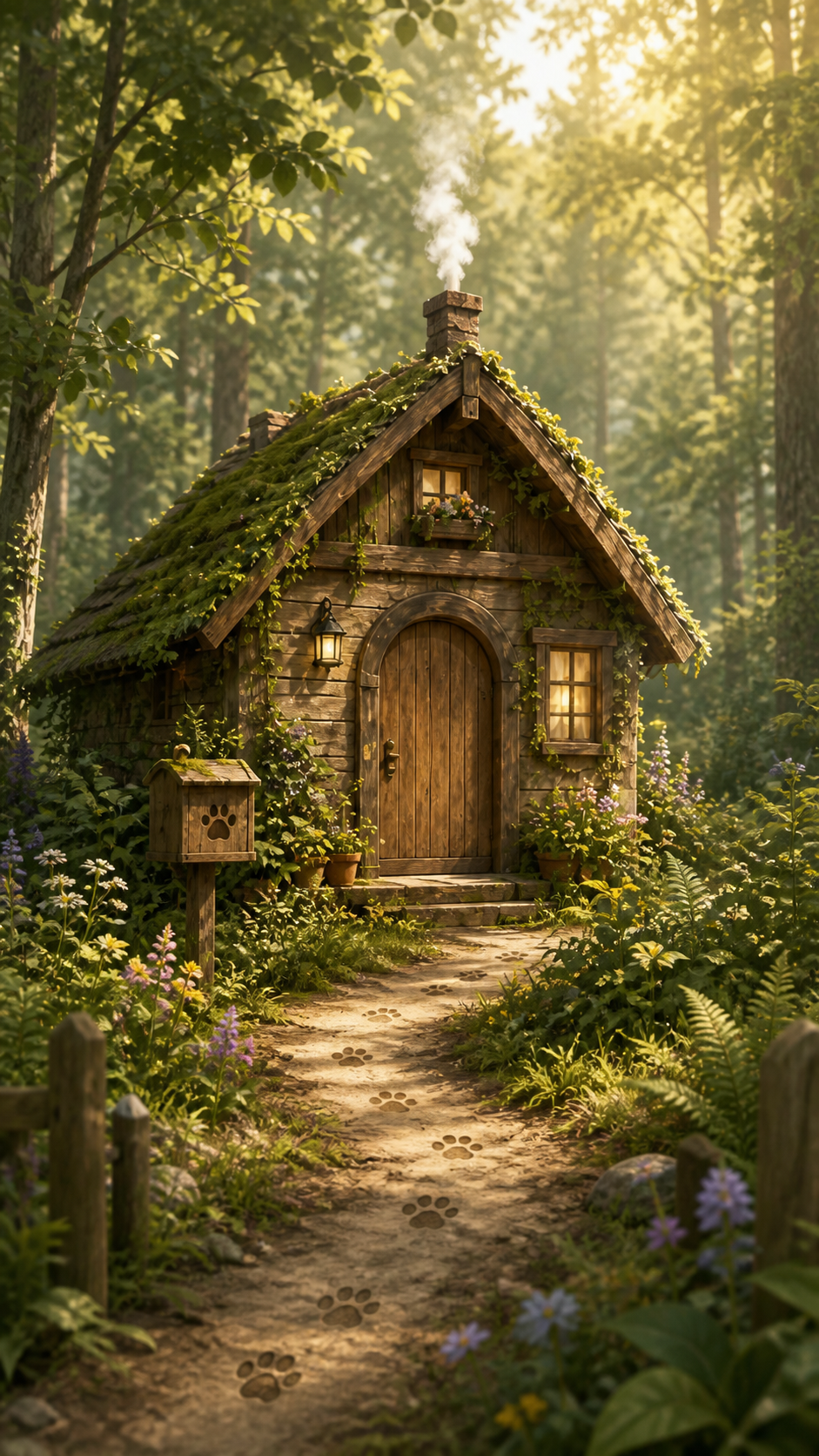 森林小屋前，宠物与脚印构成的宠物森林首页